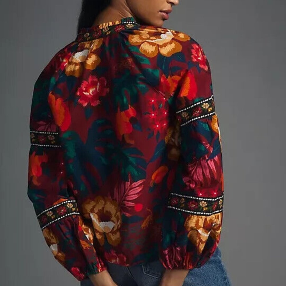 NEW Farm Rio Anthropologie XS V-Neck Poplin Blouse Top Floral Nwt - Picture 5 of 6